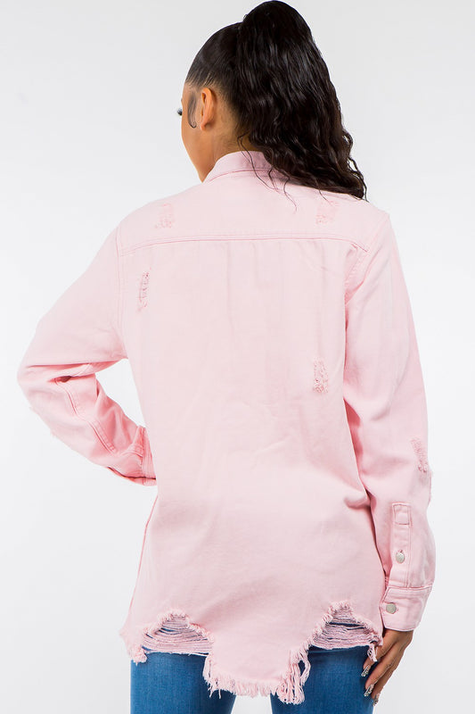 Light Pink Color Distressed Denim Jacket