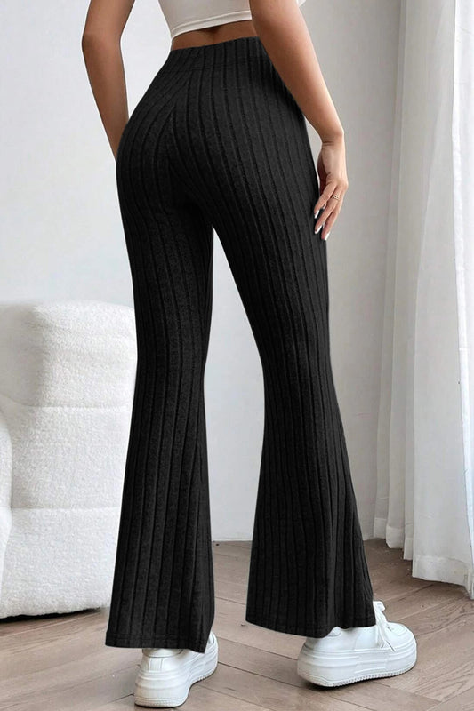 Black Color Full Size Ribbed High Waist Flare Pants