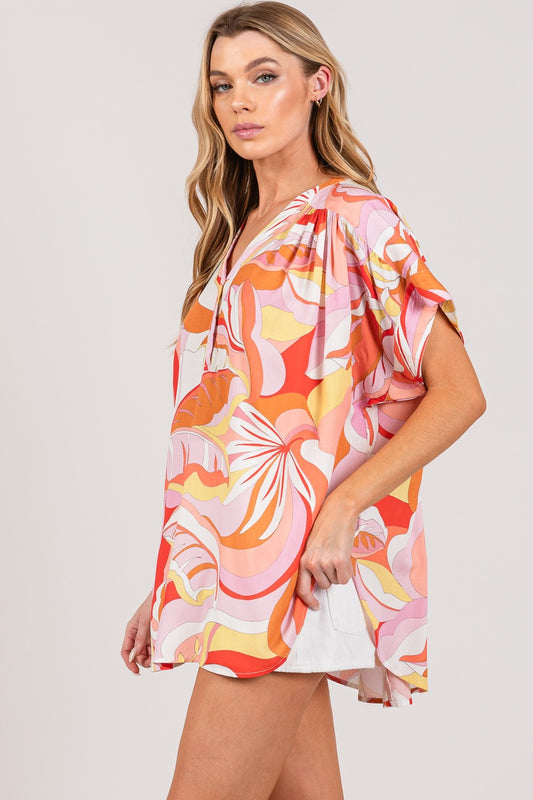 Printed FIG Abstract Print Half Button Blouse