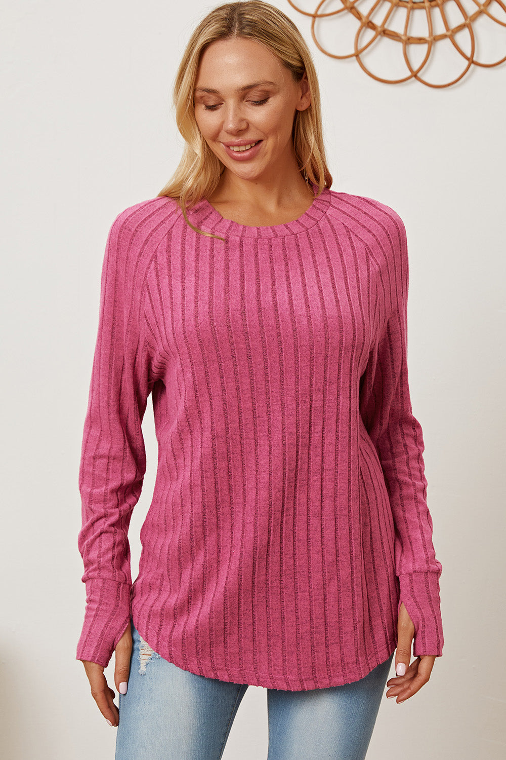  Ribbed Thumbhole Sleeve Pink T-Shirt