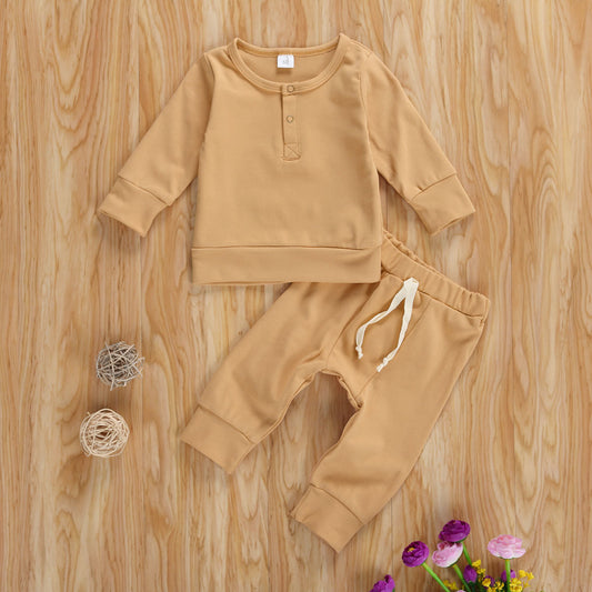 Classic Children's Round Neck Solid Color Long Sleeve Two-Piece Suit