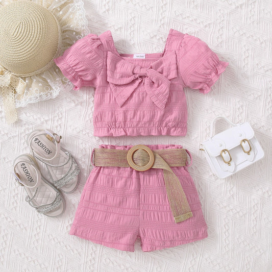 Pink Color  Textured Bow Detail Top and Belted Shorts Set