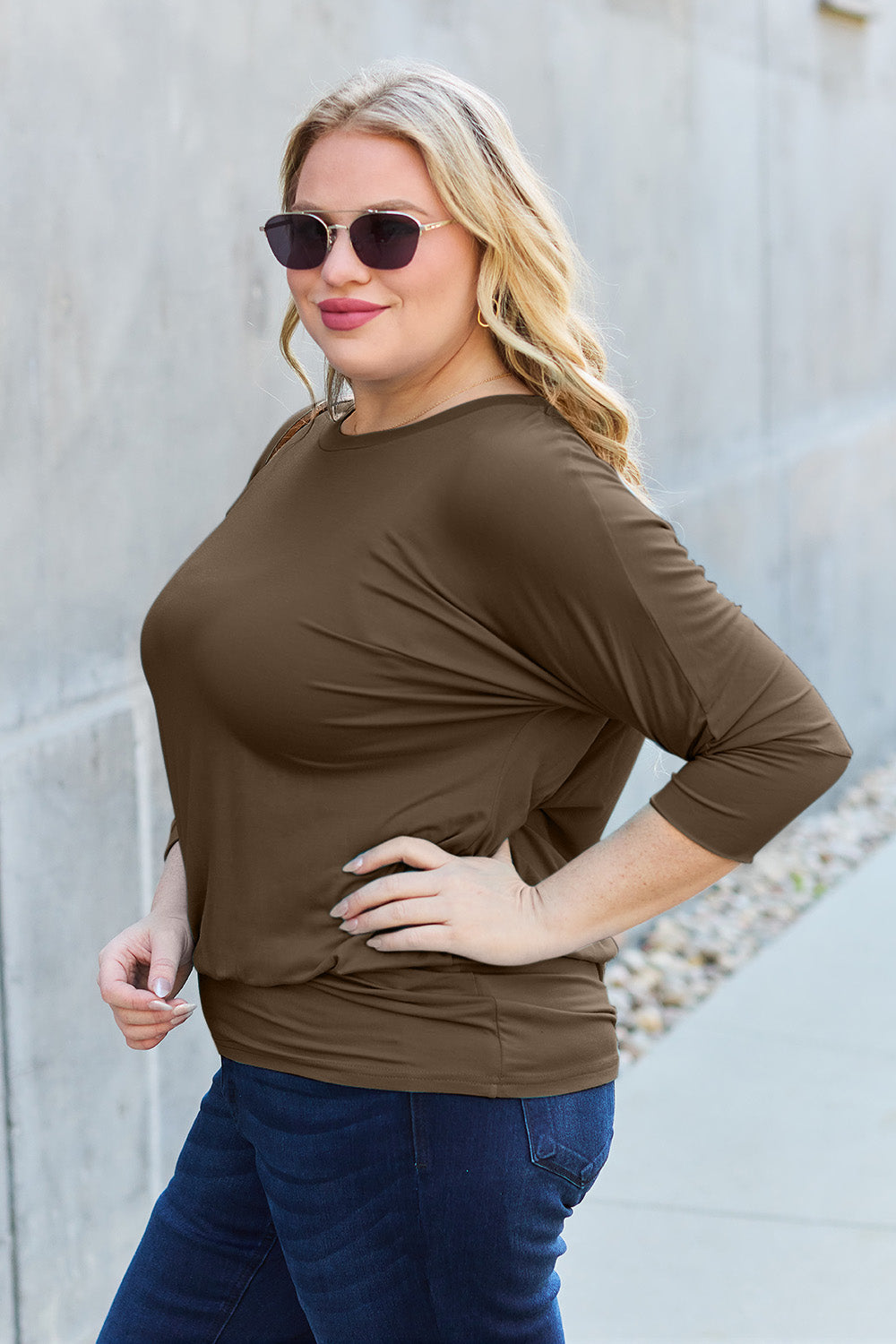 Plain Brown Color Bae Full Size Round Neck Batwing Sleeve Blouse