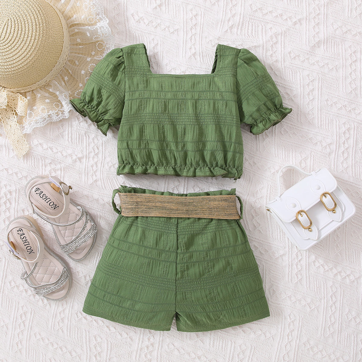 Green Color Textured Bow Detail Top and Belted Shorts Set