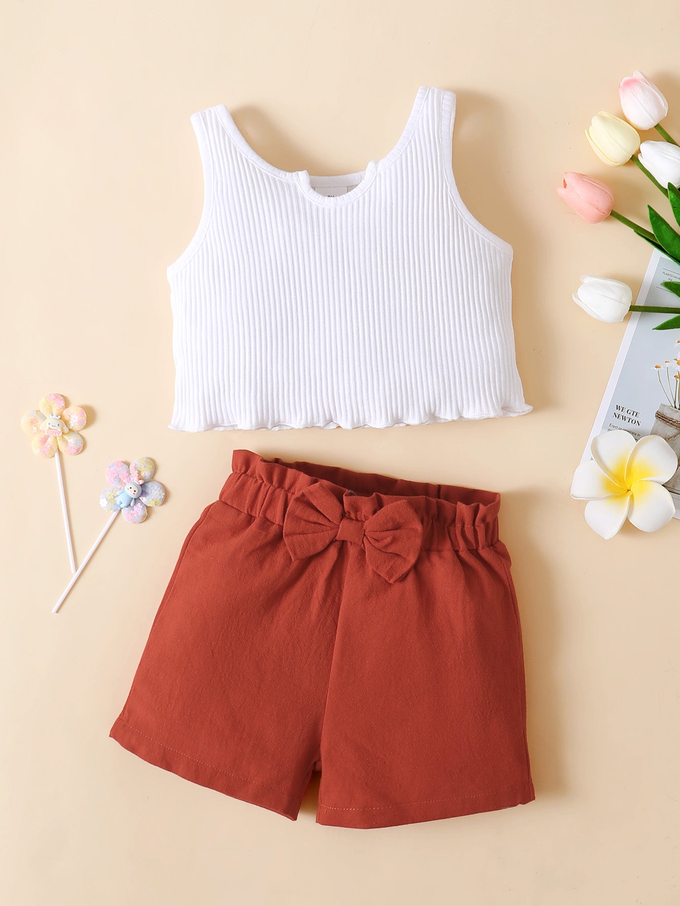 Cute Ribbed Notched Tank and Bow Detail Shorts Set for Girls