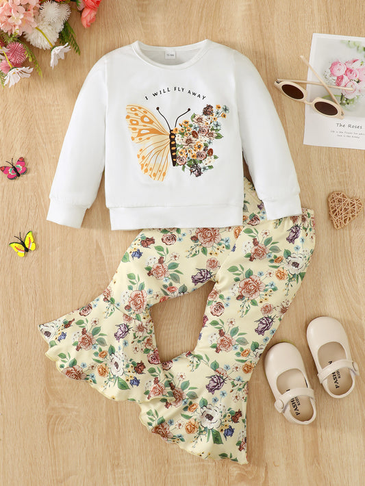 White Color  Graphic Tee and Floral Print Flare Pants Kit