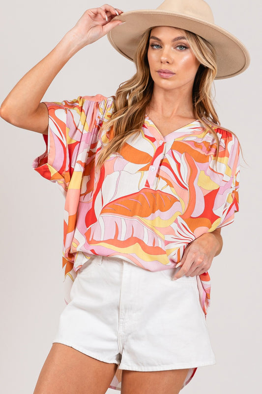 FIG Abstract Print Half Button Blouse