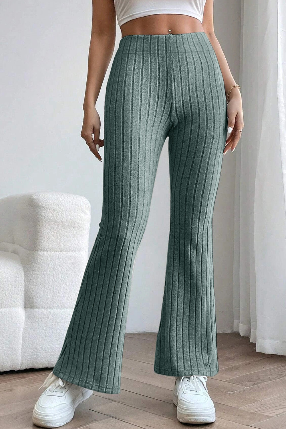 Light Green Color Ribbed High Waist Flare Pants