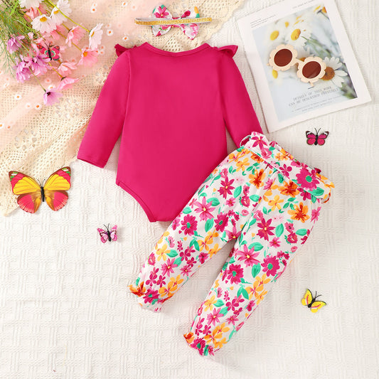 Chic Bow Ruffled Round Neck Bodysuit and Printed Pants Ensemble