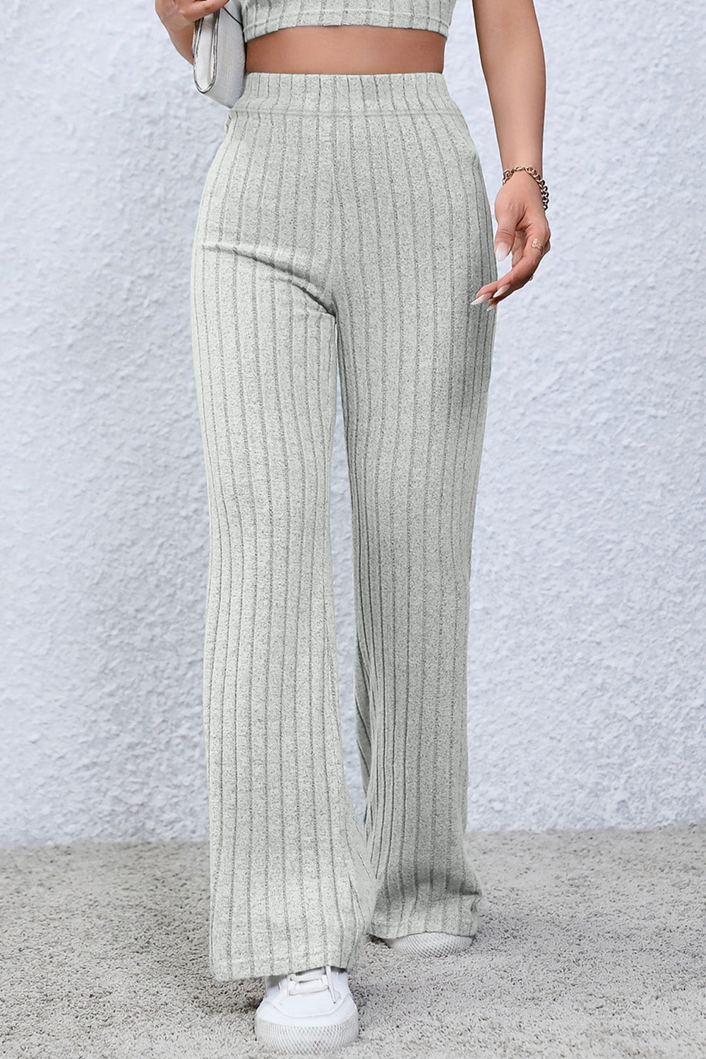 Textured White Color Ribbed High Waist Flare Pants
