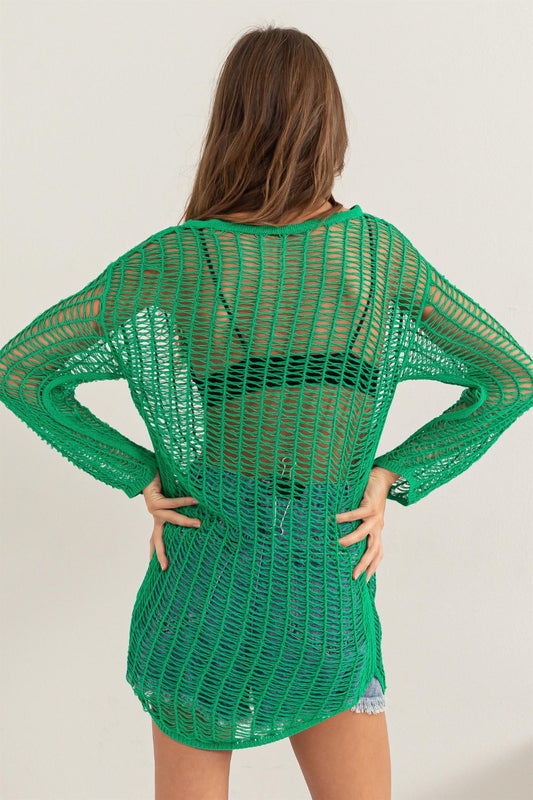 Green Color Crochet Long Sleeve Cover Up