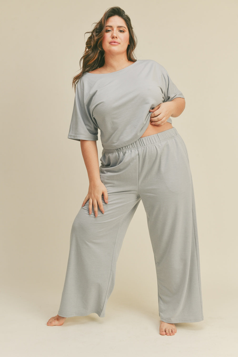 Stylish Grey Color Short Sleeve Cropped Top and Wide Leg Pants Set
