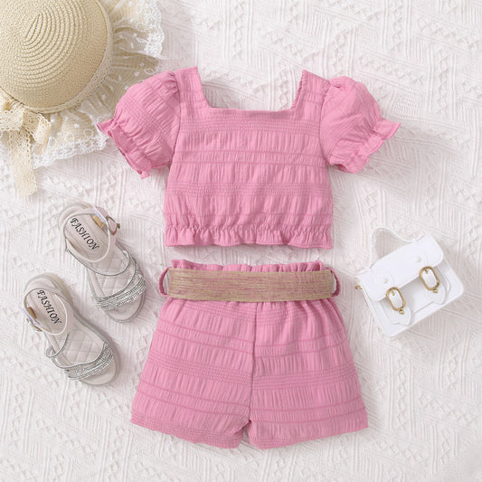 Stylish Pink ColorBow Detail Top and Belted Shorts Set 