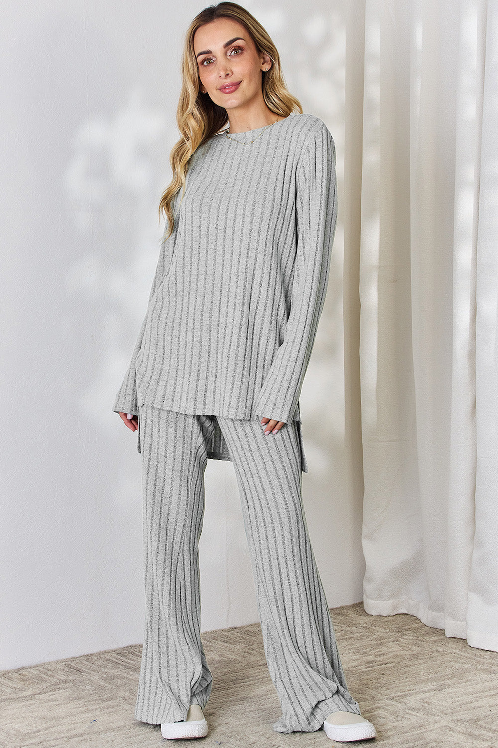 Grey Color  Bae Full Size Ribbed High-Low Top and Wide Leg Pants Set