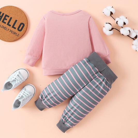 Light Red Color Long Sleeve Tee and Stripe Pants Set