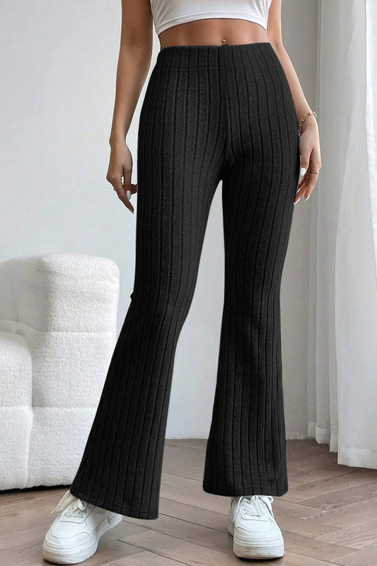 Black Full Size Ribbed High Waist Flare Pants