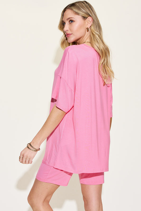 Pink Color Short Sleeve T-Shirt and Shorts Set