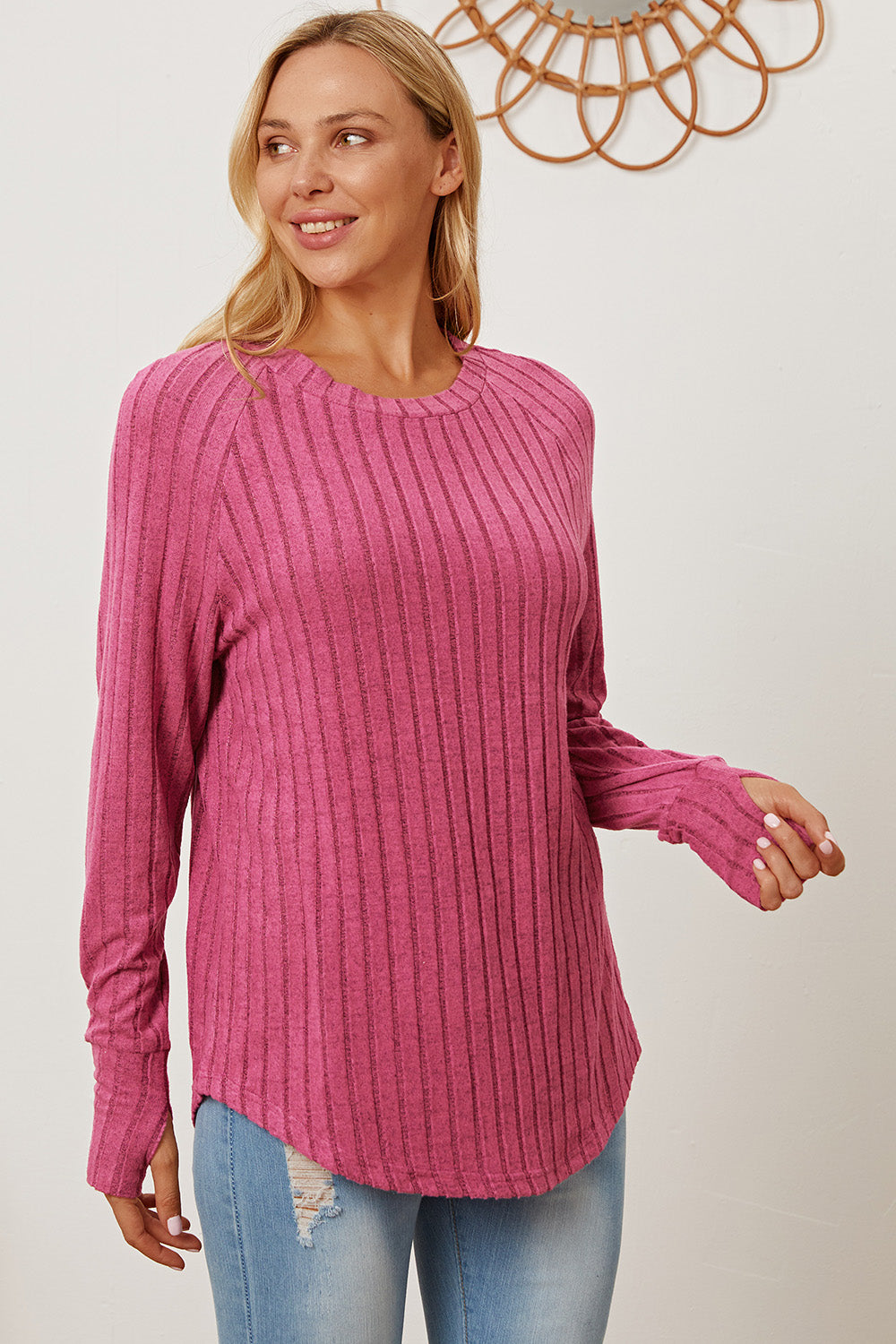 Light Pink Color Bae Full Size Ribbed Thumbhole Sleeve T-Shirt