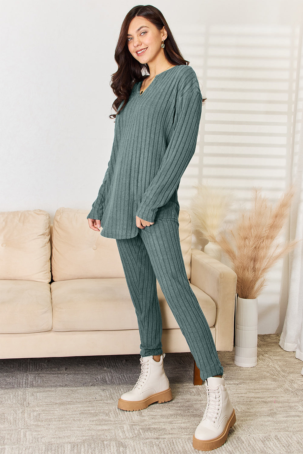 Light Grey Color Long Sleeve Top and Pants Set