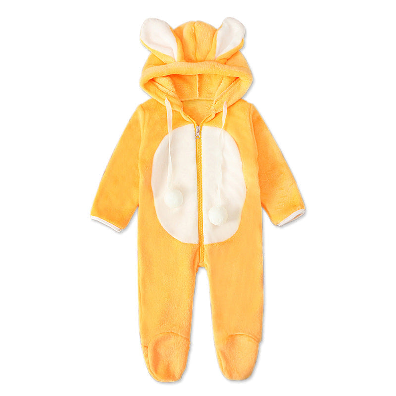 Yellow Color Long-sleeved Rabbit Hooded Padded Jumpsuit