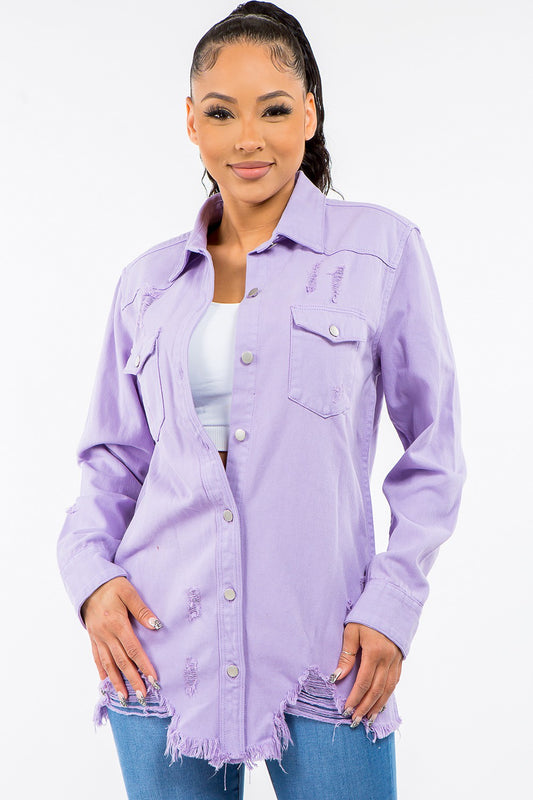 Purple Color Frayed Hem Distressed Denim Jacket