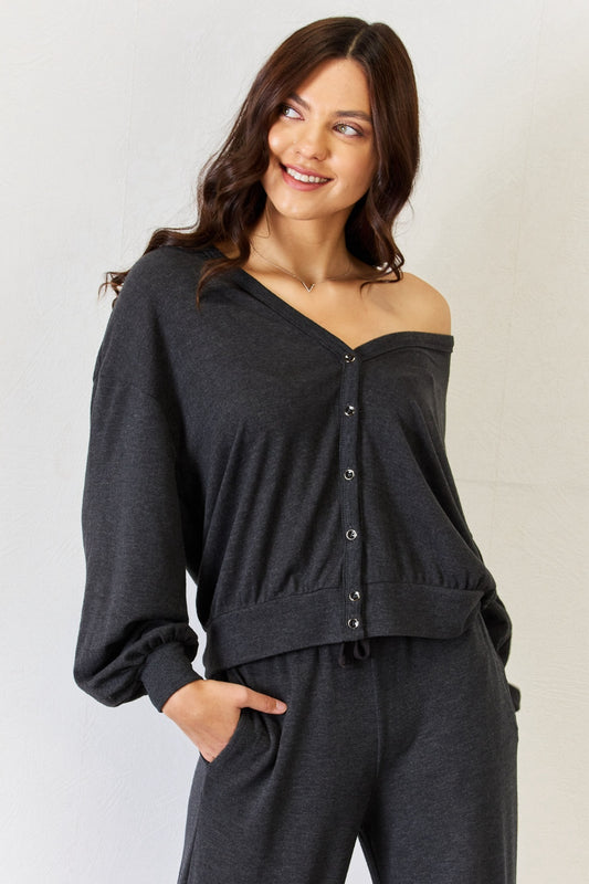Black Color Soft Button Up Long Sleeve Lounge Cardigan