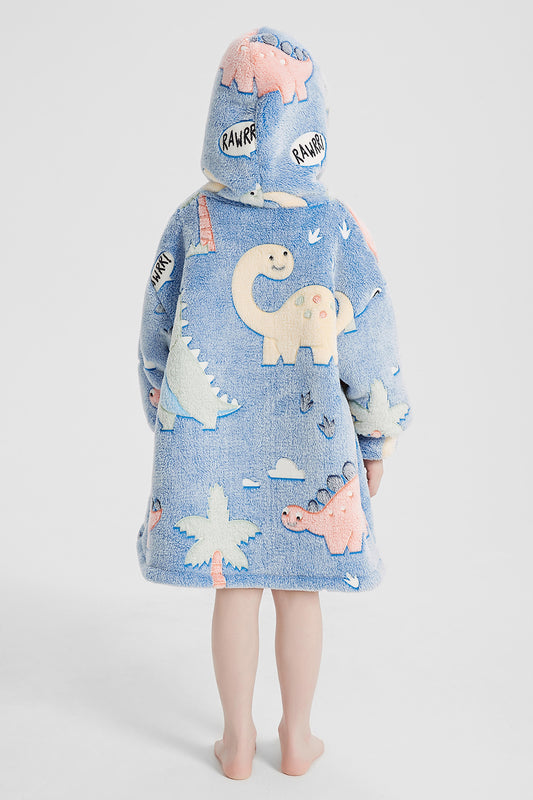 Blue Color Printed Pattern Oversize Long Sleeve Fuzzy Hoodie