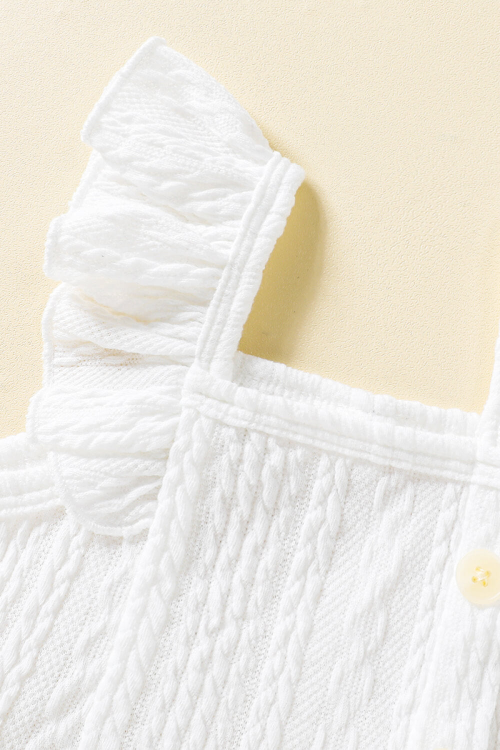 Plain White Button Ruffle Shoulder Textured Dress