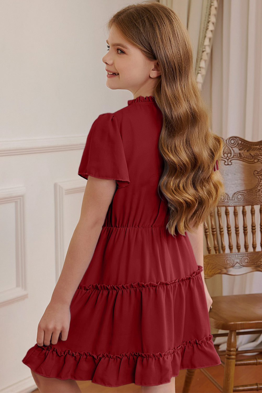 Sweet Frilled Notched Neck Puff Sleeve Dress for Little Girls