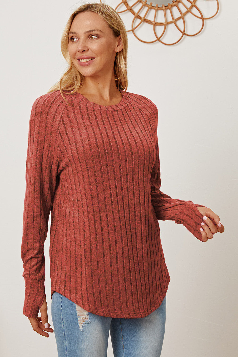 Brown Color Full Size Ribbed Thumbhole Sleeve T-Shirt 