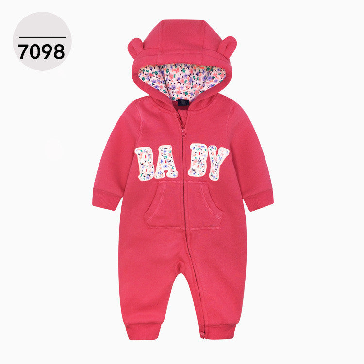 Red Color Printed One-piece Zipper Hooded Sweater For Children