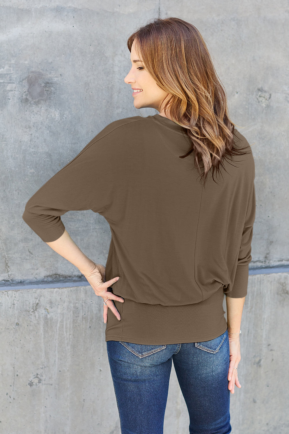 Stylish Brown Color Full Size Round Neck Batwing Sleeve Blouse