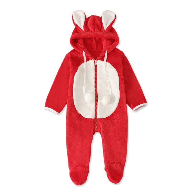 Dark Red Color Long-sleeved Rabbit Hooded Padded Jumpsuit