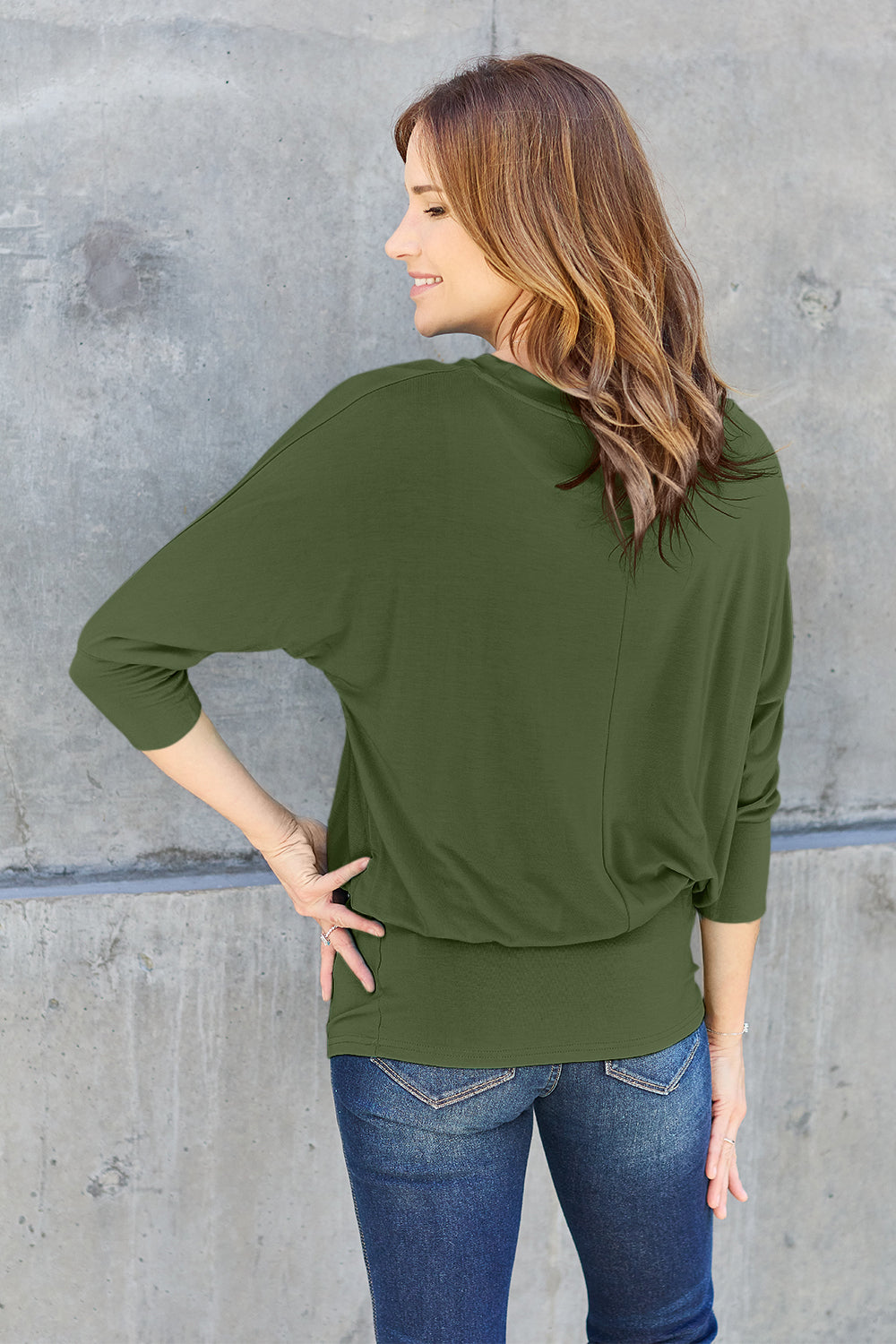 Dark Green Color Round Neck Batwing Sleeve Blouse
