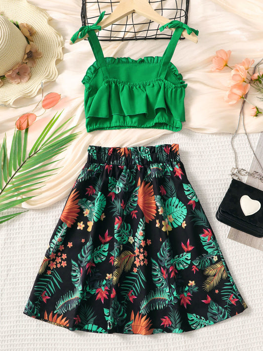 Green Color Cami and Floral Skirt Set