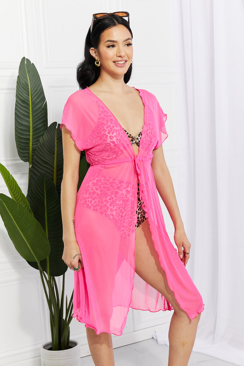 Pink tie-front cover-up beachwear