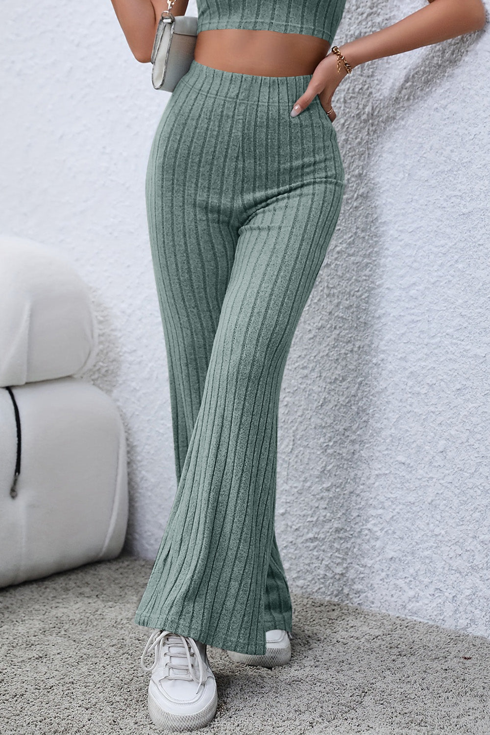 Green Color Basic Bae Full Size Ribbed High Waist Flare Pants