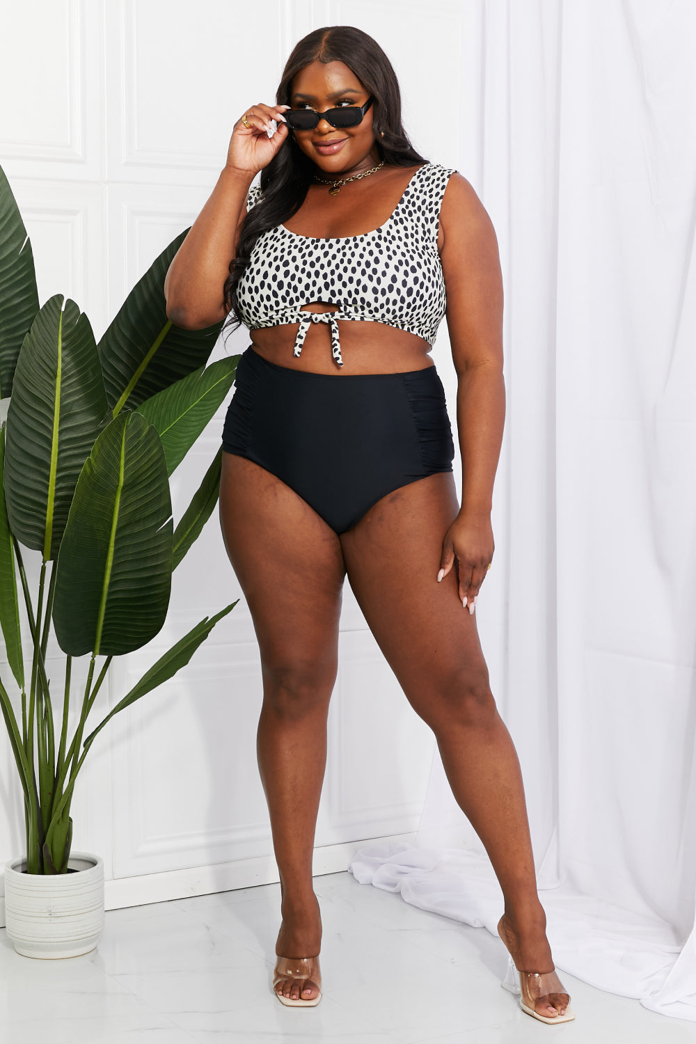 Black & White Color Crop Swim Top and Ruched Bottoms Set