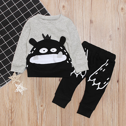 Boys' Long-sleeved Monster Pattern Top And Trousers Two-piece Set