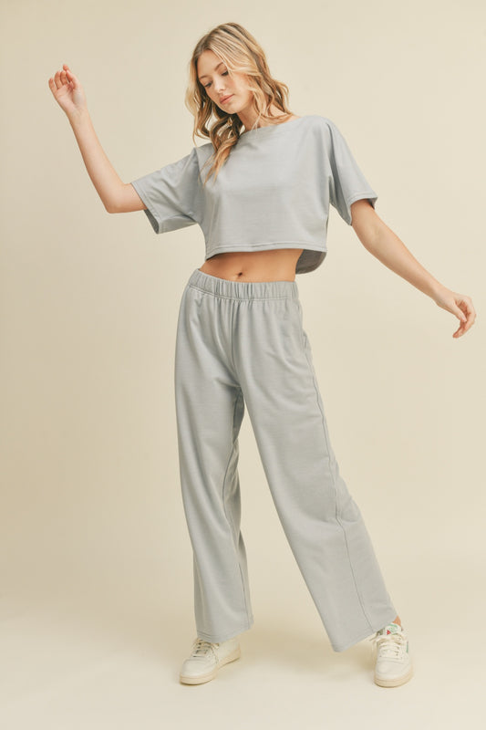  Full Size Short Sleeve Cropped Top and Wide Leg Pants Set