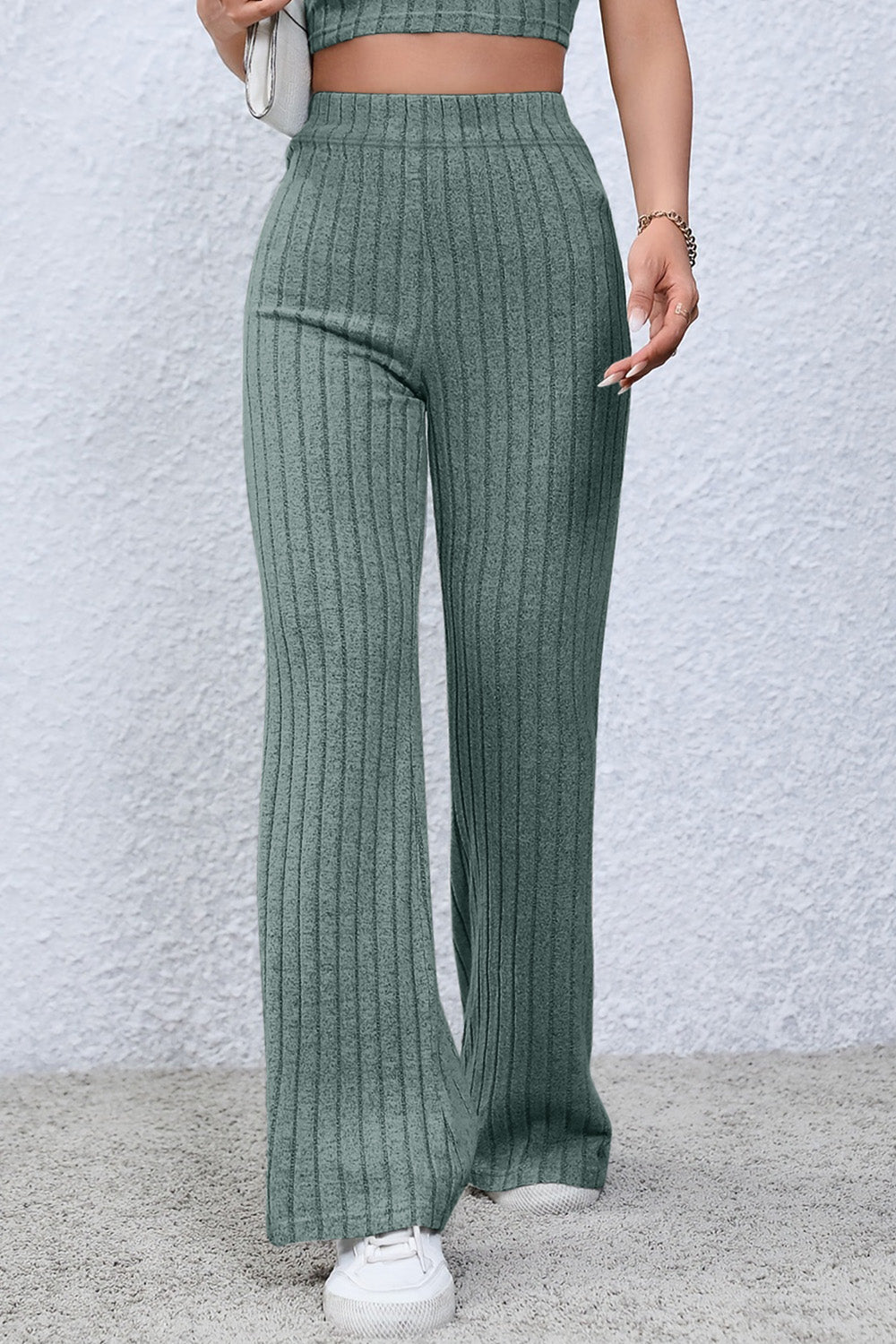 Drak Green Color Bae Full Size Ribbed High Waist Flare Pants