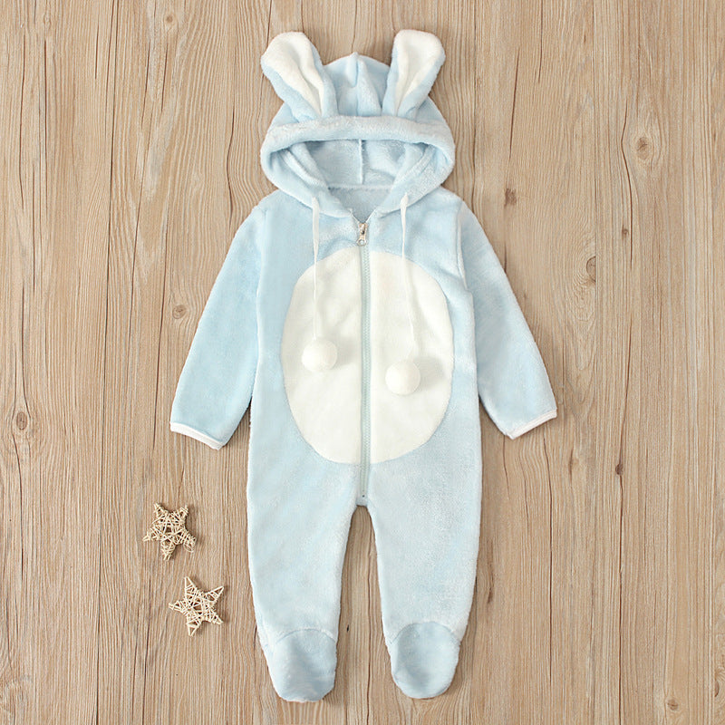 Blue Color Long-sleeved Rabbit Hooded Padded Jumpsuit