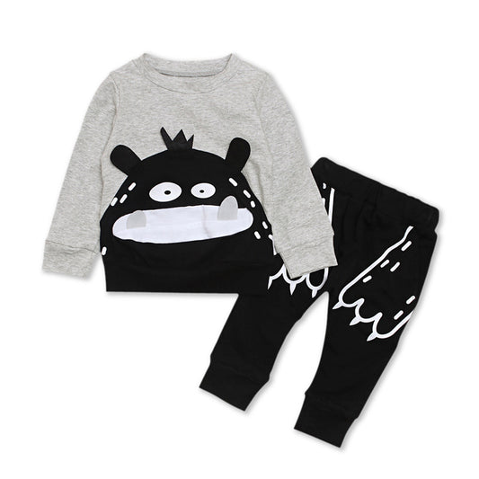 Adorable Boys' Monster Pattern Two-Piece Set with Long Sleeves