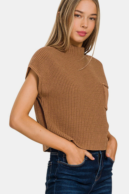 Stylish Zenana Mock Neck Short Sleeve Cropped Sweater