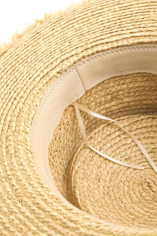 Yellow Color Adjustable Strap Raw Hem Weave Hat