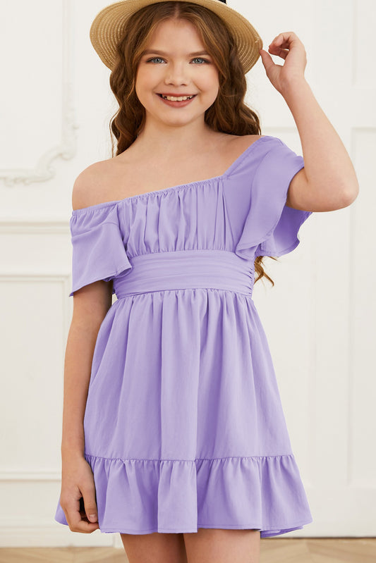 Purple Color Hem Tie-Back Flutter Sleeve Dress