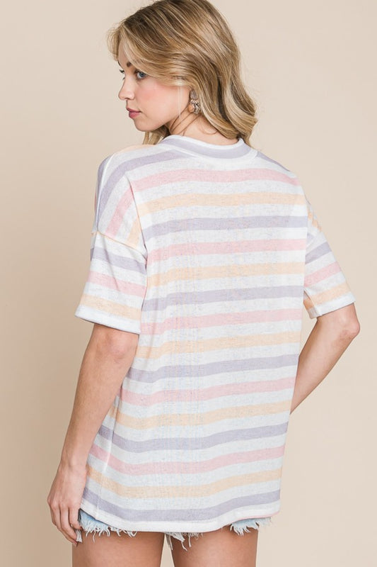 Chic BOMBOM Striped Short Sleeve V-Neck T-Shirt