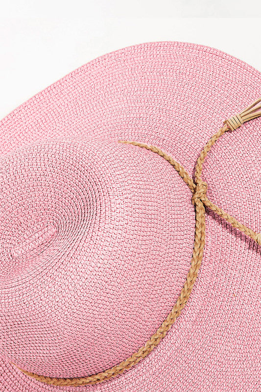 Pink Color Fame Straw Braided Rope Strap Fedora Hat