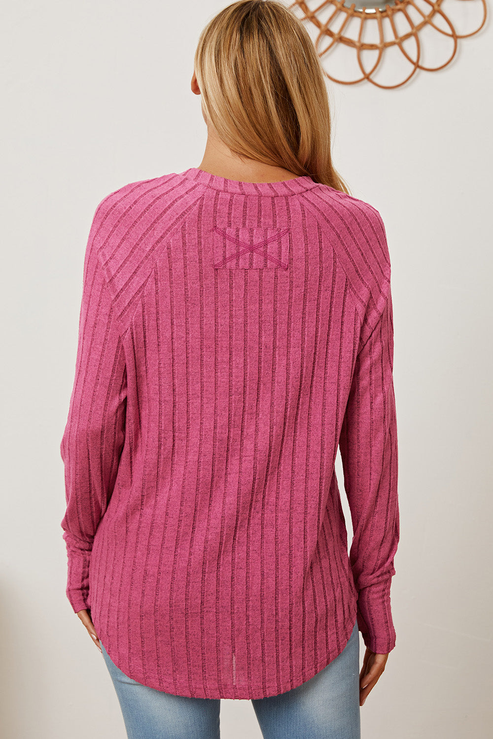 Light Pink Color Ribbed Thumbhole Sleeve T-Shirt