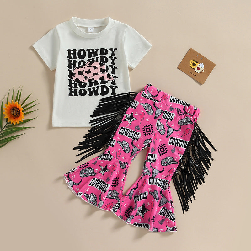 Fashionable Girls' Suit with Casual Letters Hat Printed T-shirt and Pants